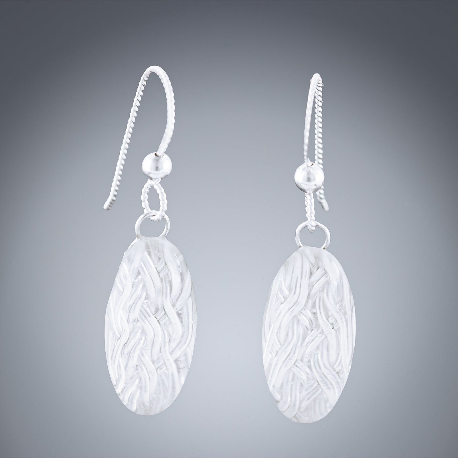 Handwoven Silver Cat Eye Shape Dangle Earrings with Glass Accent