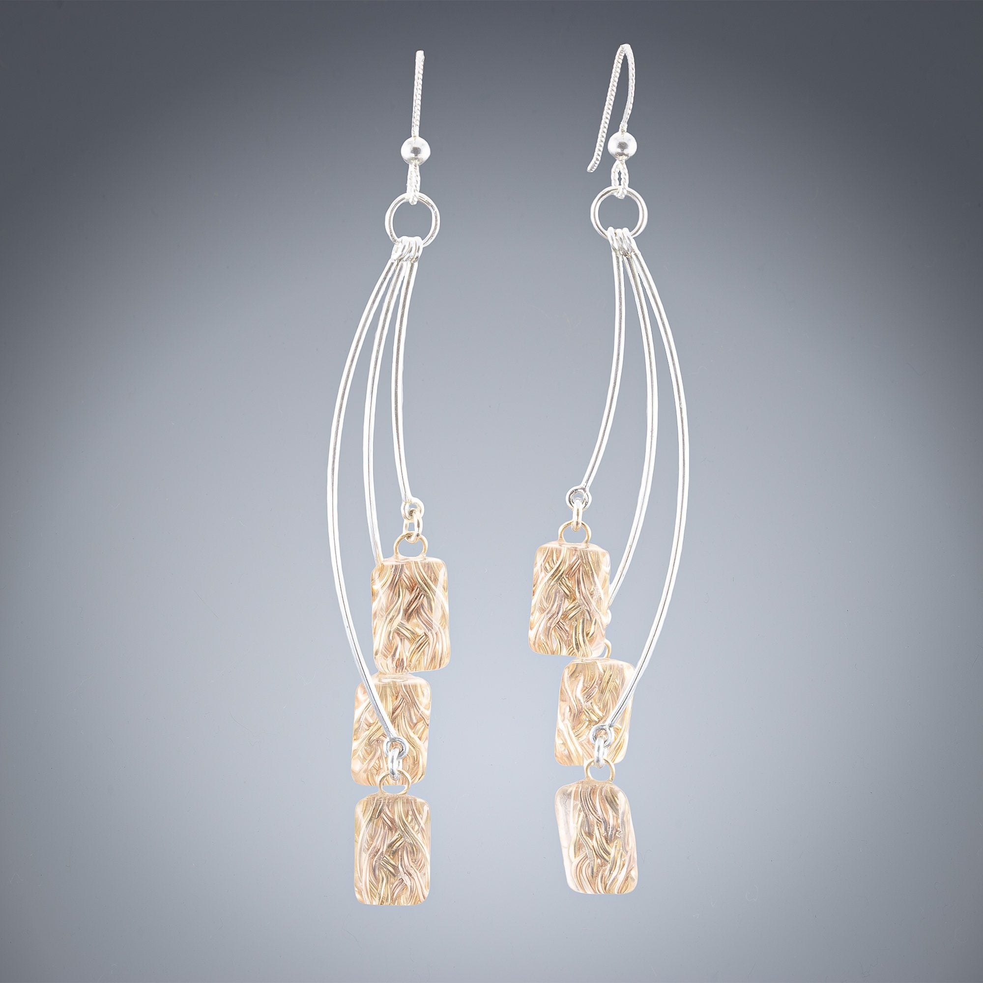 Sparkly Cascading Earrings with Handwoven Metal Fabric and Glass in 14K Yellow and Rose Gold Fill