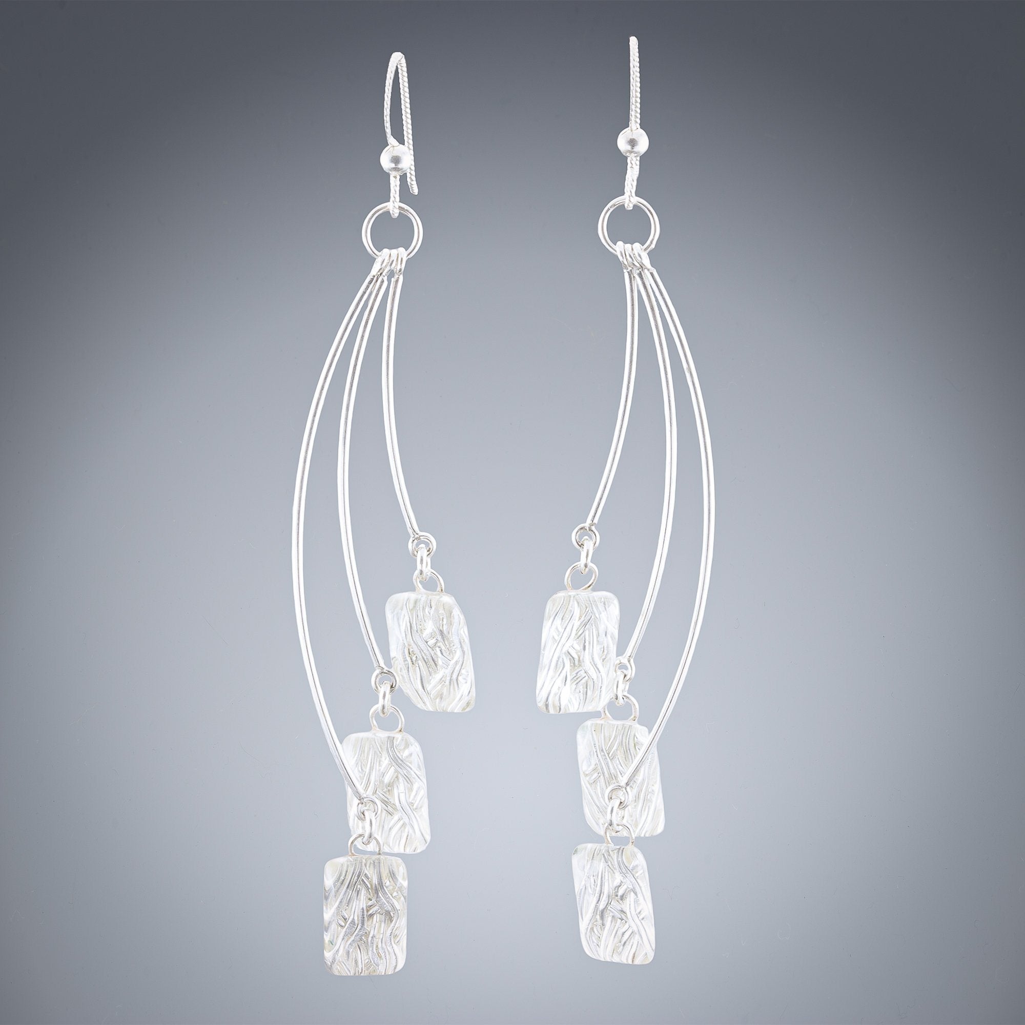 Sparkly Cascading Earrings with Handwoven Metal Fabric and Glass in Silver