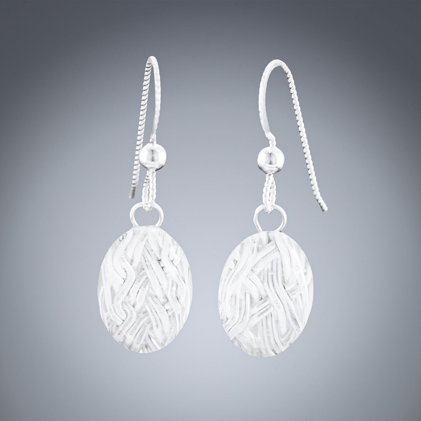 Handwoven Silver & Glass Oval Earrings - Artisan Crafted