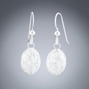 Small Sparkly Oval Earrings with Handwoven Metal Fabric and Glass in Silver