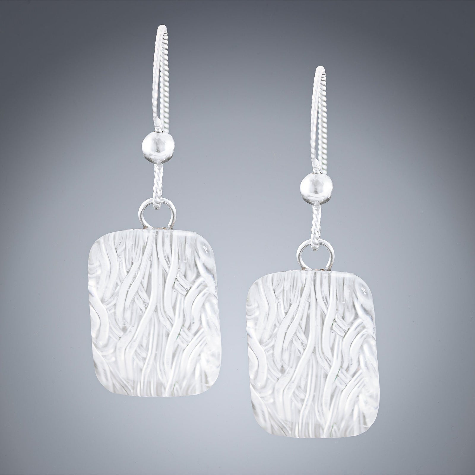 Sparkly Rectangle Shaped Earrings with Handwoven Metal Fabric and Glass in Silver