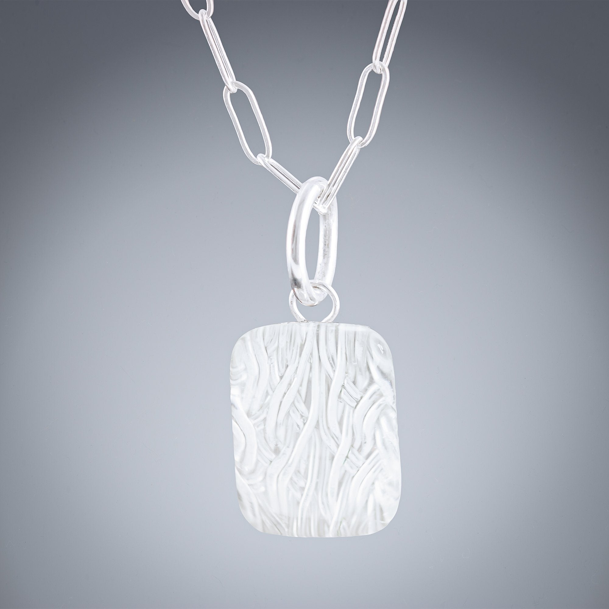 Small Sparkly Rectangle Shaped Pendant Necklace with Handwoven Metal Fabric and Glass in Silver